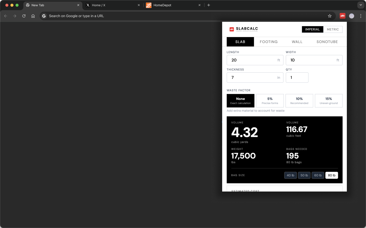 Slab calculator with live results